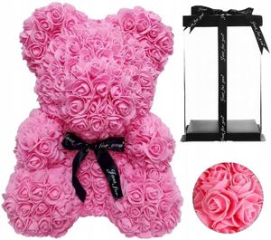 Großer rosa Teddybär mit Rosen - 40 cm + Geschenkkarton mit Schleife