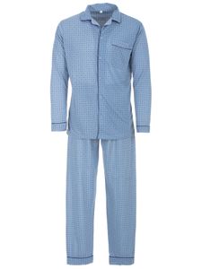 Herren Pyjama lang Knopfleiste mit Brusttasche geknöpft Schlafanzug, Farbe:Blau, Größe:XL