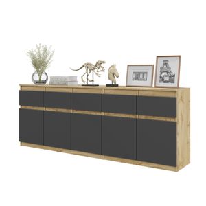 FURNICA - NOAH - Komoda s 5 zásuvkami a 5 dvierkami - Komoda do spálne Úložná skriňa Príborník - dub Wotan / antracit V75cm Š200cm D35cm