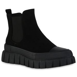 VAN HILL Damen Plateau Boots Stiefeletten Keilabsatz Profil-Sohle Schuhe 838293, Farbe: Schwarz, Größe: 37