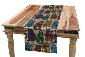 ABAKUHAUS Tätowieren Tischläufer, Bunte Katzen, Esszimmer Küche Rechteckiger Dekorativer Tischläufer, 40 x 180 cm, Mehrfarbig