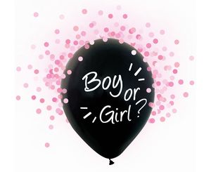 4 schwarze Luftballons Boy or Girl mit rosa Konfetti 30cm