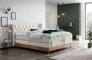 Belanoti EON Boxspringbett 180x200 elektrisch verstellbar 7-Zonen Taschenfederkern Matratze inkl Visco Topper Bett 180x200 mit Motor in der Farbe Beige H2/H3 Polsterbett Motorbett mit Massivholz