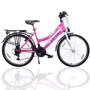Talson City-Fahrrad 26 Zoll, 21-GG-Shimano-Schaltung mit Beleuchtung und Gepäckträger, Farbe Pink