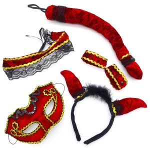 Teufel Kostüm Set (Hörner Haarreif + Schwanz + Maske + Halsband + Armbänder)