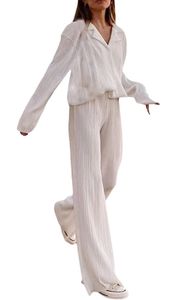 ASKSA Damen 2 Teiler Casual Outfits Sommer Plissee Set Zweiteiler Langarm Hohe Taille Loungewear, Weiß, M