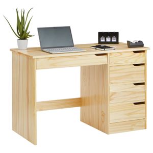 Schreibtisch HUGO aus massiver Kiefer in natur, schöner Schülerschreibtisch mit 5 Schubladen, praktischer Bürotisch mit Querstrebe für Stabilität