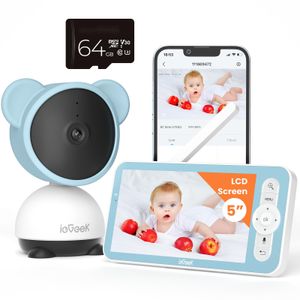 ieGeek Babyphone mit Kamera PTZ und 64GB SD-Karte, 5 Zoll Babyfon 1080P mit PIR Bewegungserkennung und Geräuscherkennung, Fütterungserinnerungen, VOX
