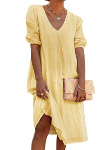 Damen Kurzarm Baumwolle Leinen Midikleid Casual Vintage V-Ausschnitt Kleider,Farbe: Gelb,Größe:2XL