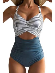 Damen Monokinis Bauchweg Badeanzug Cut Out Badeanzüge Push Up Swimsuit Bademode Streifen + Blau,Größe L