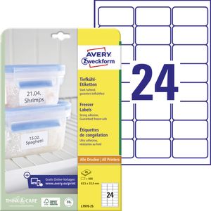 Avery Zweckform L7970-25 Tiefkühl-Etiketten, 63,5 x 33,9 mm, kälteresistentes Papier, 25 Bogen/600 Etiketten, weiß