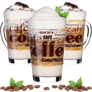 PLATINUX Kaffeegläser mit Motiv max. 350ml Set 3-Teilig aus Glas Latte Macchiato Gläser mit Griff Cappuccino Gläser