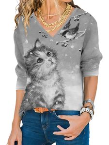 Frauen Mode Katze Gedruckter Pullover Urlaub Langarm Tee Casual V Neck Tops Langarmshirts