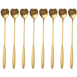 8-teiliges Blumenlöffel-Dessertlöffel-Set, 7-Zoll-Kaffeelöffel-Zuckerlöffel-Eislöffel-Rührlöffel, wiederverwendbarer kreativer Dessertlöffel aus Edelstahl (Gold),Herzlöffel