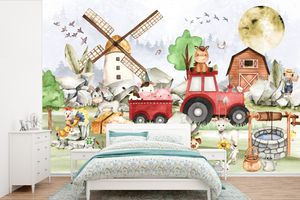 MuchoWow® Fototapete für Wohnzimmer oder Schlafzimmer Wandtapete Vinyl Motivtapete Bauernhof - Traktor - Kinder - Tiere - 330x220 cm - Kindertapete