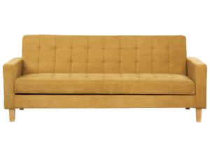 BELIANI 3-Sitzer Sofa Senfgelb Stoffbezug Gesteppt mit Schlaffunktion Helle Holzbeine Schmale Armlehnen Retro-Design Wohnzimmer Schlafsofa Sofabett