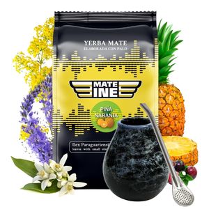 Yerba Mate Tee Set ●Paraguayische Früchte mate tee Mateine Pina Naranja 500g ●Ananas und Orange ● Keramik mate becher Marmol 350ml ● Bombilla 19 cm