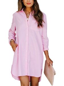 Damen Hemden Tunika Hemd Langarm Casual Lose Bluse Einfarbig Elegant Button Down Shirt Long Rosa,Größe EU XL