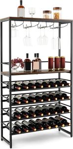 GOPLUS 6-stöckiger Weinregal für 32 Flaschen, Flaschenregal mit Glashalter, Barschrank Vintage für Küche & Esszimmer, 80 x 30 x 140 cm