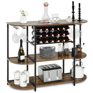 COSTWAY 120cm stojan na víno s držiakom na sklo a policami, 3 úrovne stojana na fľaše Vintage, 120 x 40 x 91 cm