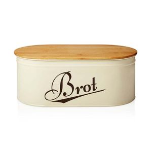 Lumaland Cuisine Brotkasten Brotdose Brotbox aus Metall mit Bambus Deckel - Oval 36 x 20 x 13,8 cm - Beige