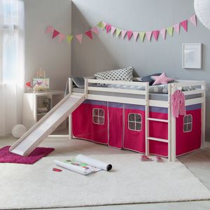 Homestyle4u 1545, Kinder Hochbett Mit Rutsche, Leiter, Vorhang Pink, Massivholz Kiefer Weiß, 90x200 cm