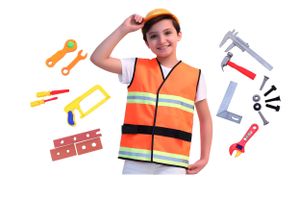 Bauarbeiter Kostüm für Kinder, Handwerker Kostüm mit Spielwerkzeug