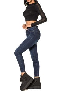 Damen Skinny Denim Jeans Stretch High Waist Fransen Röhrenjeans Push Up Schmale Slim Fit Hose, Farben:Dunkelblau-2, Größe:38