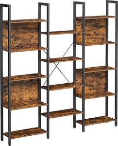 VASAGLE Regál na knihy, rebríkový regál, 14 políc, 158 x 24 x 166 cm, kovový rám, do obývačky, pracovne, kancelárie, industriálny dizajn, vintage hnedo-čierna LLS107B01