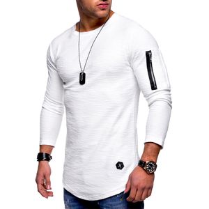 Herren Einfarbig Rundhalsausschnitt Langarm T-Shirt Ärmel Reißverschluss Pullover Bluse,Farbe: Weiß,Größe:XL