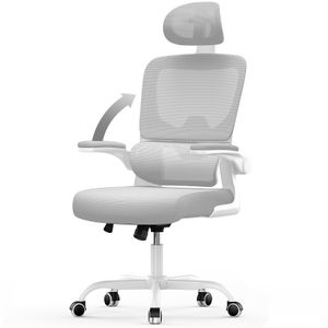 Ergonomischer Bürostuhl - Schreibtischstuhl mit Verstellbarer Kopfstütze - Armlehne Elastische Lendenwirbelstütze Höhenverstellbar - Drehstuhl mit Atmungsaktiver Netzbespannung Rückenlehne - Grau und weiß