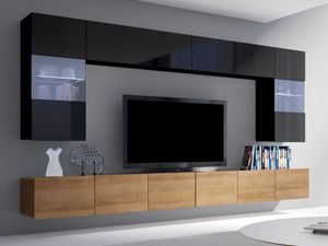 Moderne Wohnwand CALABRINI-1 Wohnzimmer-Set Hängewohnwand Schrankwand mit LED-Beleuchtung Hochglanz TV-Schrank Anbauwand (Schwarz + Goldene Eiche)