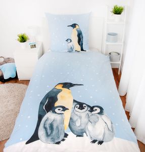Biber Bettwäsche Set mit Pinguin 135 x 200 cm 80 x 80 cm 100% Baumwolle