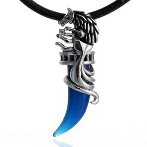 DonDon Herren Lederkette Leder Halskette 50 cm mit Edelstahl Anhänger Wolf Zahn blau
