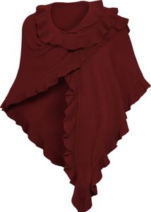 Poncho Damen Strick Wolle Trachtenumhang Cape Winterumhang Stola, Strickponcho Rüschen Weinrot
