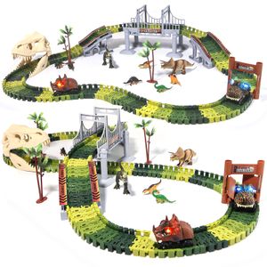 289 Stück Rennstrecke Dinosaurier Spielzeuge Flexible Zugbahnen mit 8 Dinosaurier-Figuren,2 elektrische Rennauto-Fahrzeuge Spielset mit Lichtern Dinosaurier-Weltrennens für Kleinkinder,Kinder,Jungen