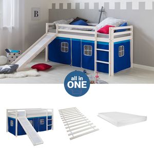 Homestyle4u 2570, Hochbett 90x200 mit Matratze Rutsche Vorhang blau Kinderbett Weiß Holz Kiefer Massiv Spielbett Lattenrost