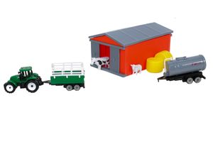 Kinderspielzeug Traktor, Trecker in grün mit Anhänger + Güllewagen, Stall mit 4 Schiebetüren, Kuh, Schaf, 2 Strohballen