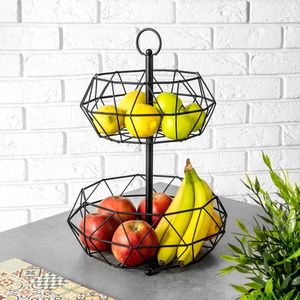 Vilde Obstkorb | Gemüsekorb | Aufbewahrungskorb | Obst-Etagere 2-stöckig aus Metall schwarz geometrisches Design