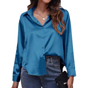 Damen Bluse mit Knöpfen Satin Seide V-Ausschnitt Elegant Langarm Oberteile Langarmshirt Blau,Größe:EU