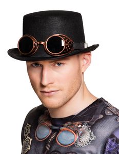 Zylinder für Erwachsene - Steampunk mit Aviator-Brille - Schwarz/Bronze