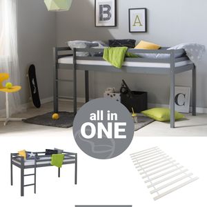 Homestyle4u 2256, Kinder Hochbett mit Lattenrost Leiter 90x200 cm Grau Kiefer Massiv Jugendbett Etagenbett Homestyle4u 2256, Kinder Hochbett mit Lattenrost Leiter 90x200 cm Grau Kiefer Massiv Jugendbett Etagenbett