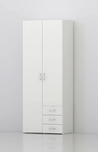 Kleiderschrank mit zwei Türen und drei Schubladen, Farbe Weiß, Maße 77 x 200 x 49,5 cm