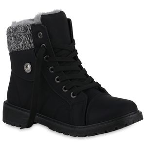 VAN HILL Damen Warm Gefütterte Worker Boots Bequeme Profil-Sohle Schuhe 840853, Farbe: Schwarz, Größe: 39