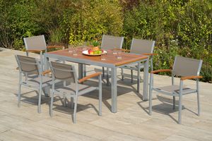 Merxx Gartenmöbelset "Naxos" 7tlg. mit Tisch 150 x 90 cm - Aluminiumgestell Silber mit Akazienholz und Textilbespannung Grau