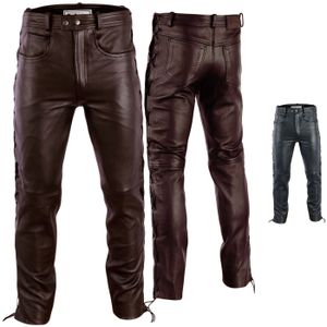 Herren Lederhose lederjeans bikerjeans jeans hose aus echtleder seitlich geschnürt, Größe:54/XL, Farbe:Dunkelbraun