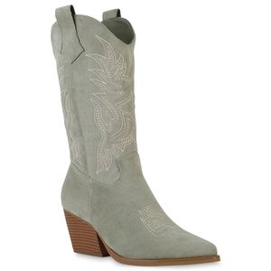 VAN HILL Damen Cowboystiefel Stiefel Stickereien Schuhe 840142, Farbe: Hellgrün Velours, Größe: 39