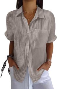 Musselin Bluse Damen Lässiges Kurzarm Hemdbluse Sommer V-Ausschnitt Button-Down Baumwolle Solide Blusenshirt Basic Revers Shirts mit Tasche