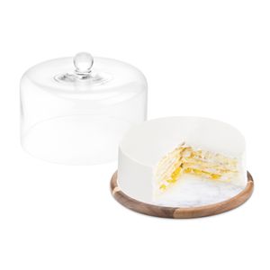 NAVARIS Tortenplatte mit Glas Glocke Ø 28cm - Kuchenplatte Kuchenglocke  - Tortenbehälter rund - Kuchenbehälter mit Deckel - Tortenbutler aus Marmor Holz Glas