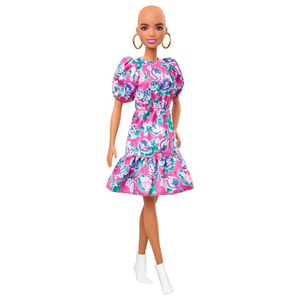 Barbie Fashionistas Puppe (mit Glatze) im Blumenkleid, Anziehpuppe, Modepuppe